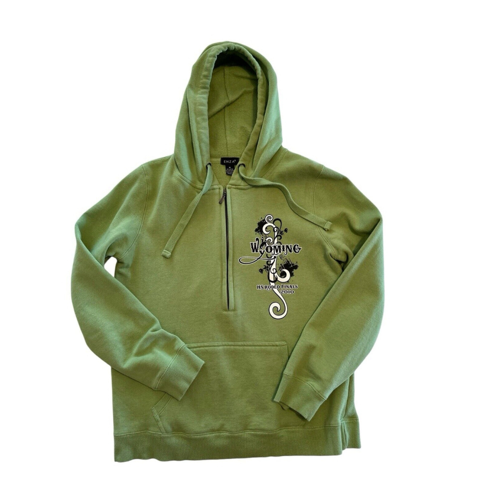 Enza Wyoming Fleece Hoodie Womens Medium 3/4 Zip Hand Warmer Green Rodeo Finals
